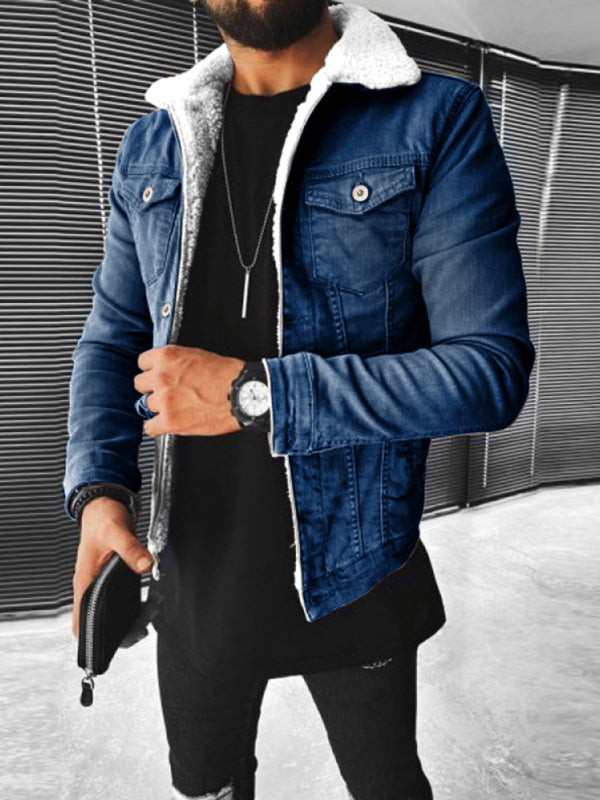 Plush Style Thickened Denim Men's Outer Jacket