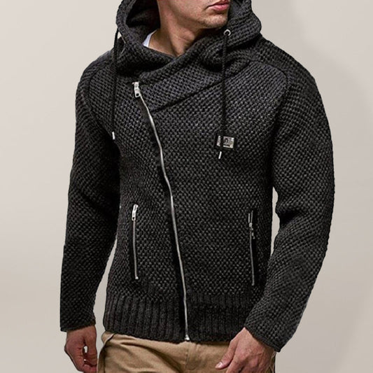 Men's Diagonal Zipper Hooded Slim Fit Sweater Cardigan