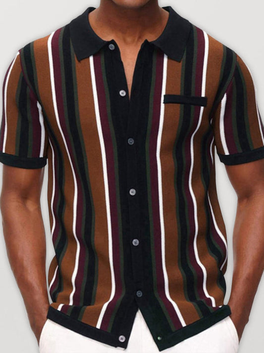 Men's single Breasted Color Contrast Stripe Short Sleeve Shirt