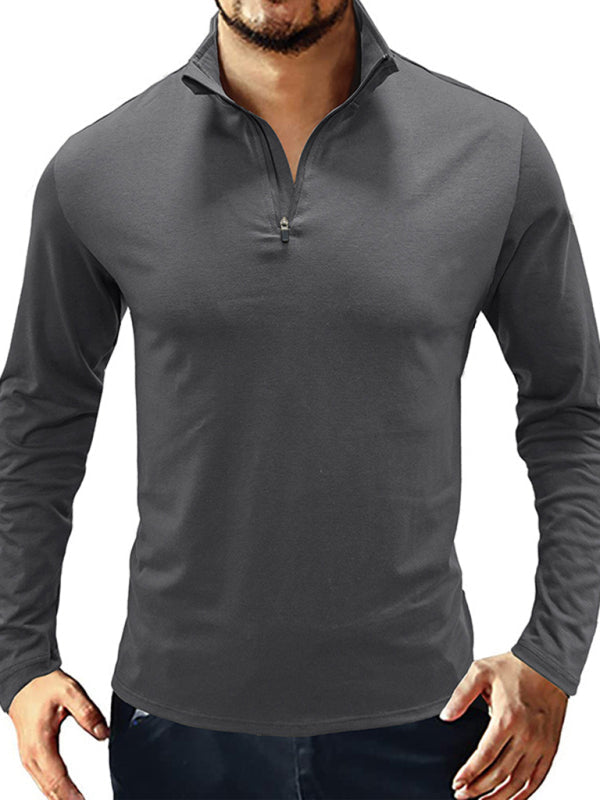 New Men's Long Sleeve Stand Collar Pullover Zip Polo Shirt