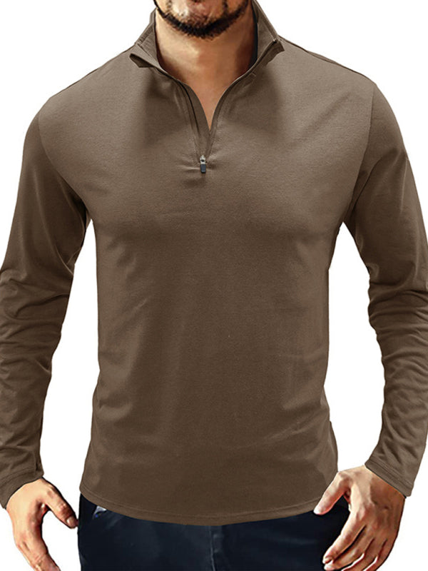 New Men's Long Sleeve Stand Collar Pullover Zip Polo Shirt