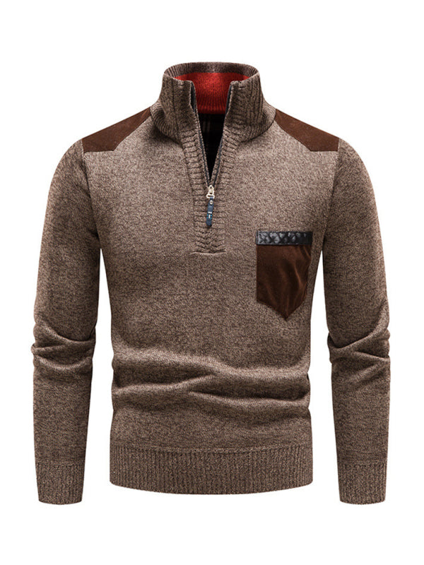 Men's stand-up collar thickened patchwork half-zip lapel sweater pullover sweater