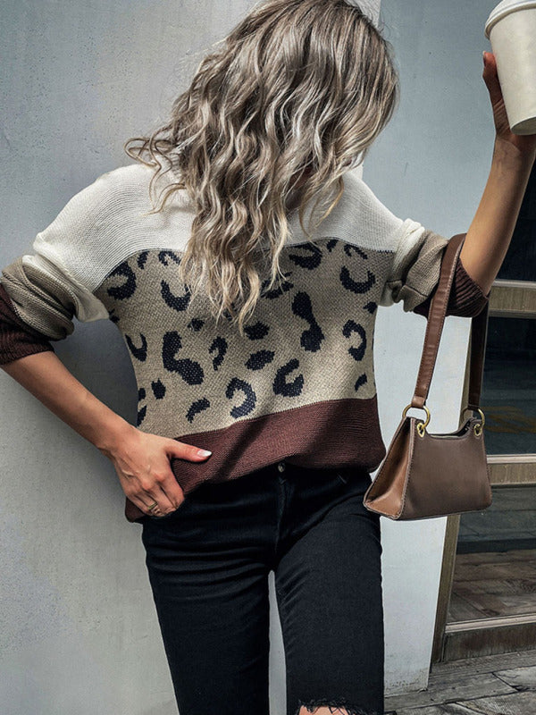 Fashion Casual Women's Long Sleeve Leopard Print Contrast Sweater