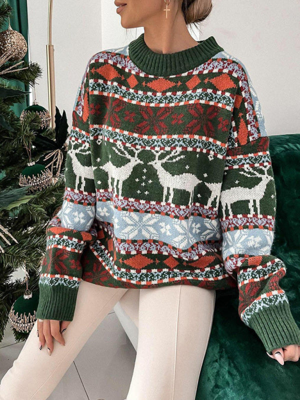 Women's Christmas Crew Neck Loose Jacquard Long Sleeve Sweater