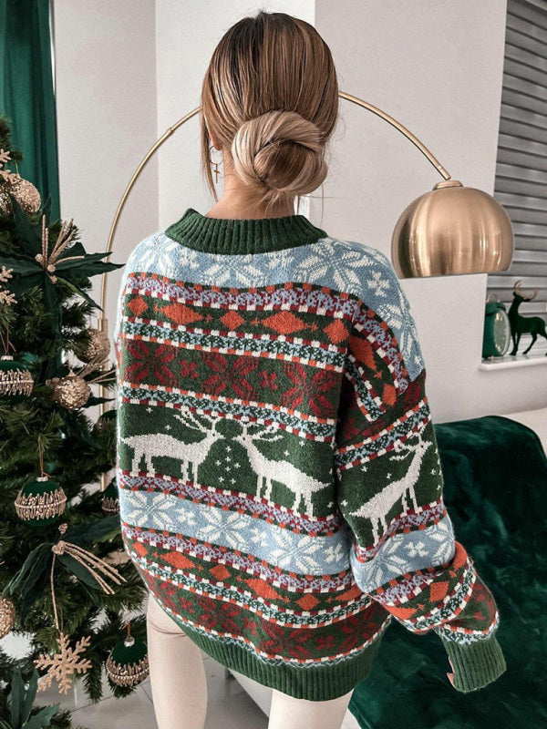 Women's Christmas Crew Neck Loose Jacquard Long Sleeve Sweater