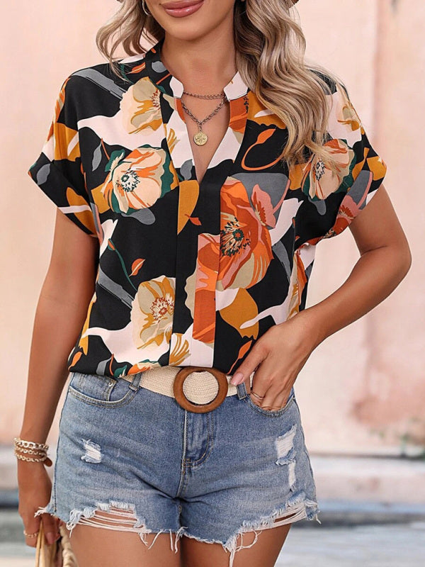 Women's Fashion Painted Printing V-neck Short Sleeve Top