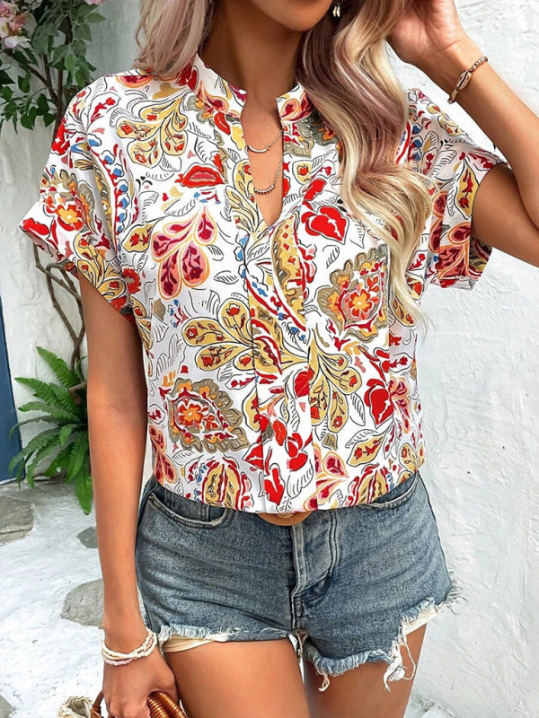 Women's Fashion Painted Printing V-neck Short Sleeve Top