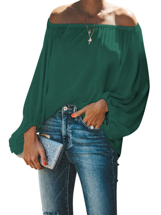 Women's off-shoulder solid color simple lantern sleeve loose long-sleeved top