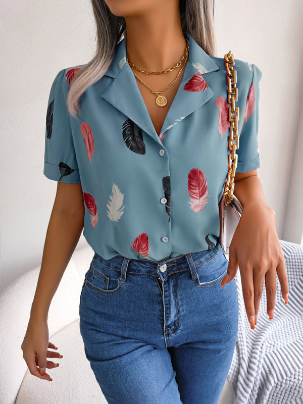 Women's Elegant Feather Print Loose Short Sleeve Shirt