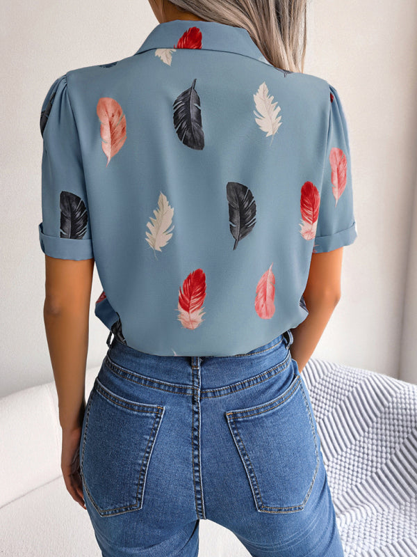 Women's Elegant Feather Print Loose Short Sleeve Shirt