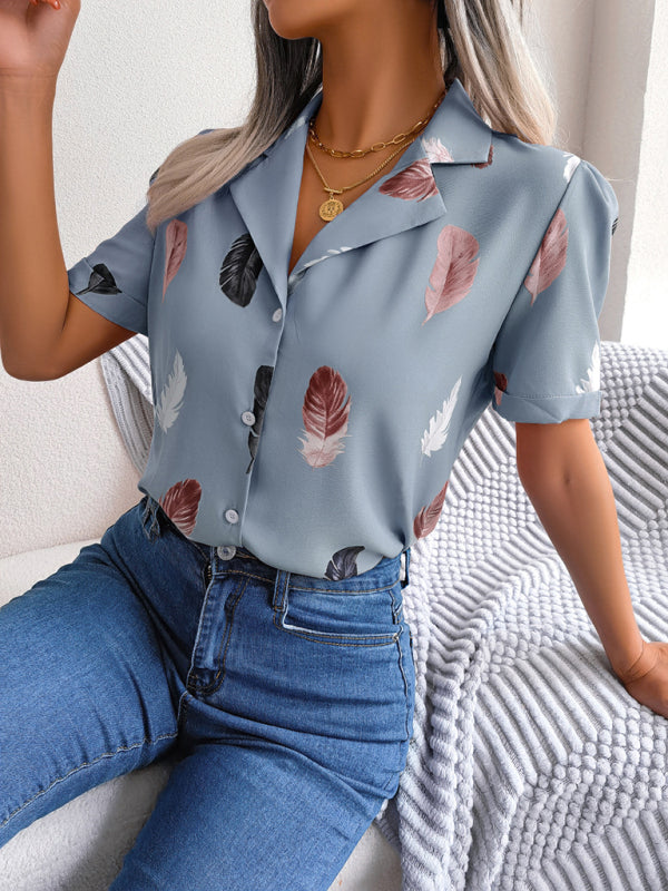 Women's Elegant Feather Print Loose Short Sleeve Shirt