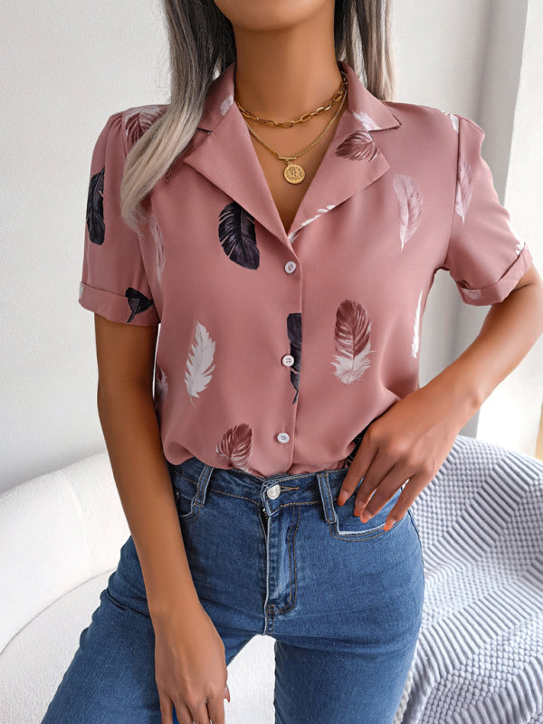 Women's Elegant Feather Print Loose Short Sleeve Shirt