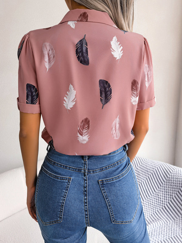 Women's Elegant Feather Print Loose Short Sleeve Shirt