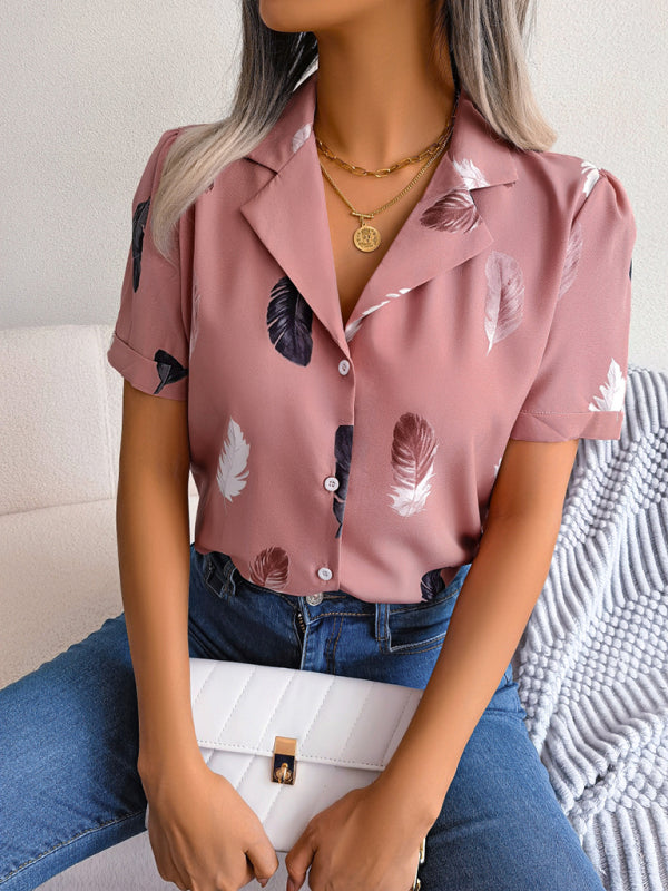 Women's Elegant Feather Print Loose Short Sleeve Shirt