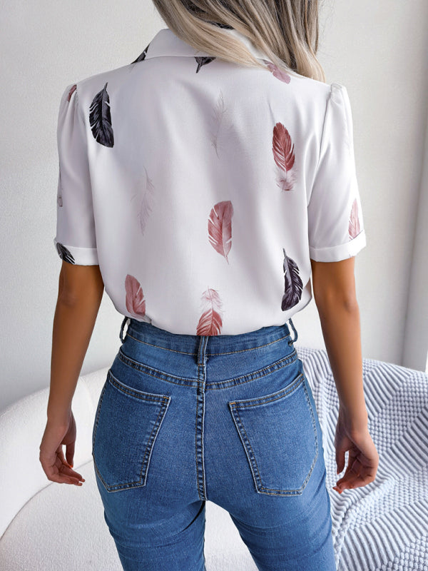 Women's Elegant Feather Print Loose Short Sleeve Shirt