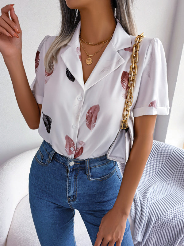 Women's Elegant Feather Print Loose Short Sleeve Shirt