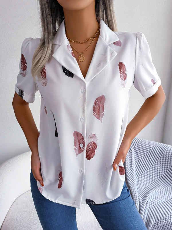 Women's Elegant Feather Print Loose Short Sleeve Shirt