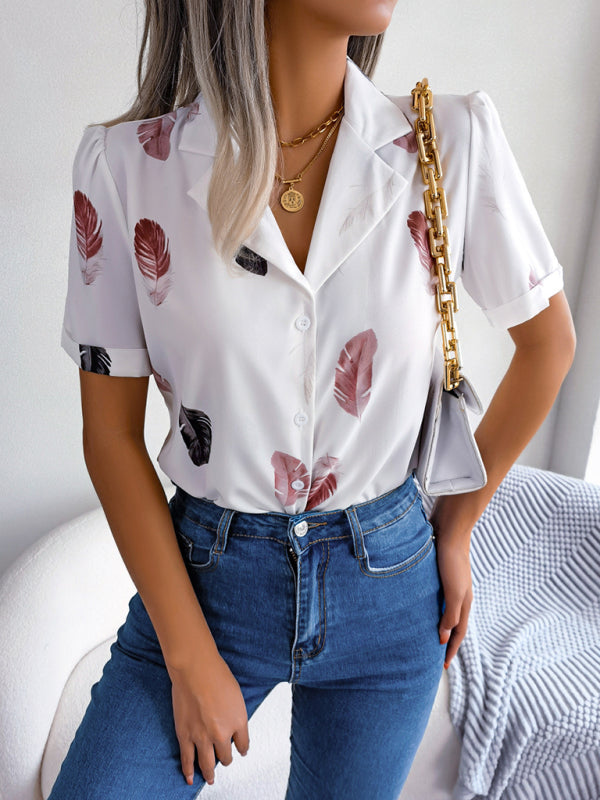 Women's Elegant Feather Print Loose Short Sleeve Shirt