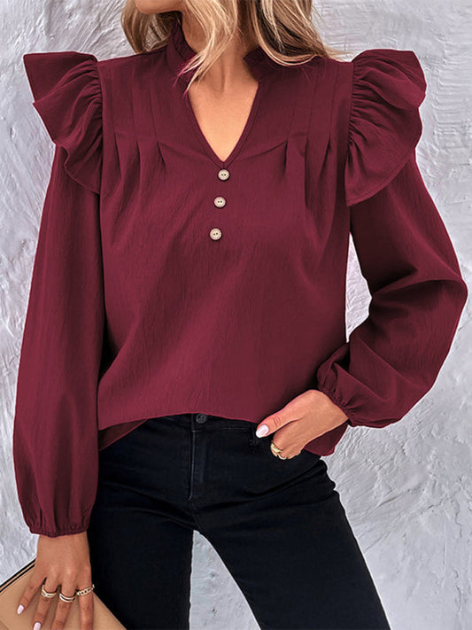 Women's New Red V-neck Long Sleeve Solid Color Shirt Top