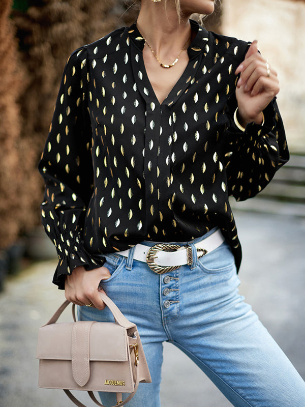 Women's v-neck bronzing polka dot long-sleeved shirt blouse