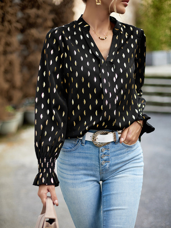 Women's v-neck bronzing polka dot long-sleeved shirt blouse