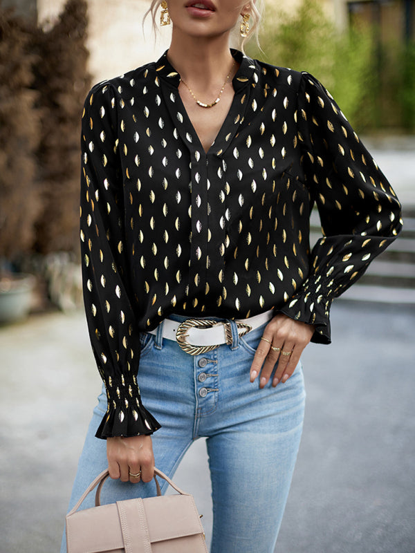 Women's v-neck bronzing polka dot long-sleeved shirt blouse