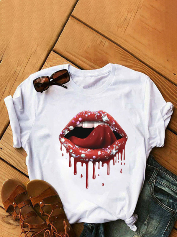 Women's Fashion Casual Lip Print Women's Short Sleeve T-Shirt