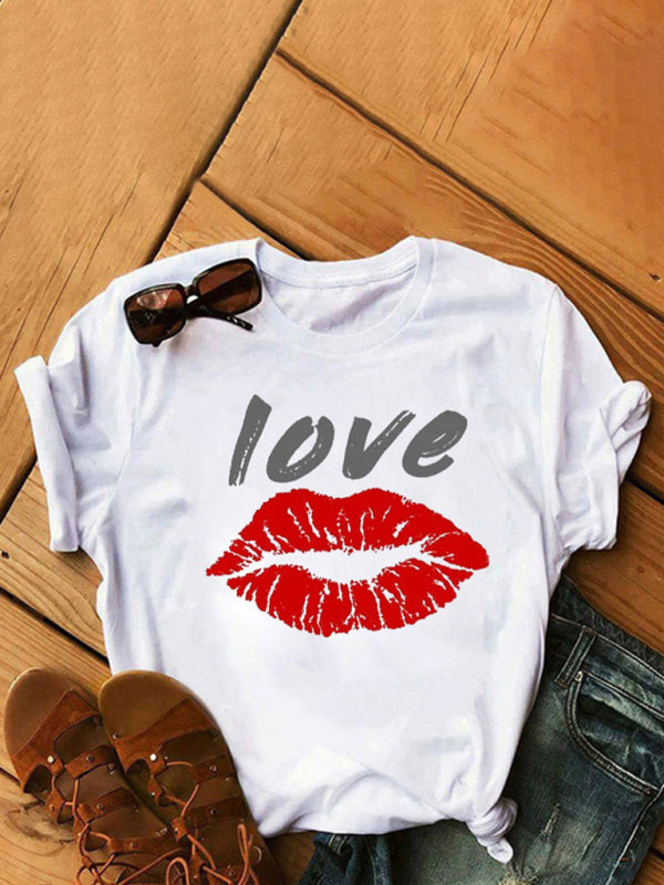 Women's Fashion Casual Lip Print Women's Short Sleeve T-Shirt