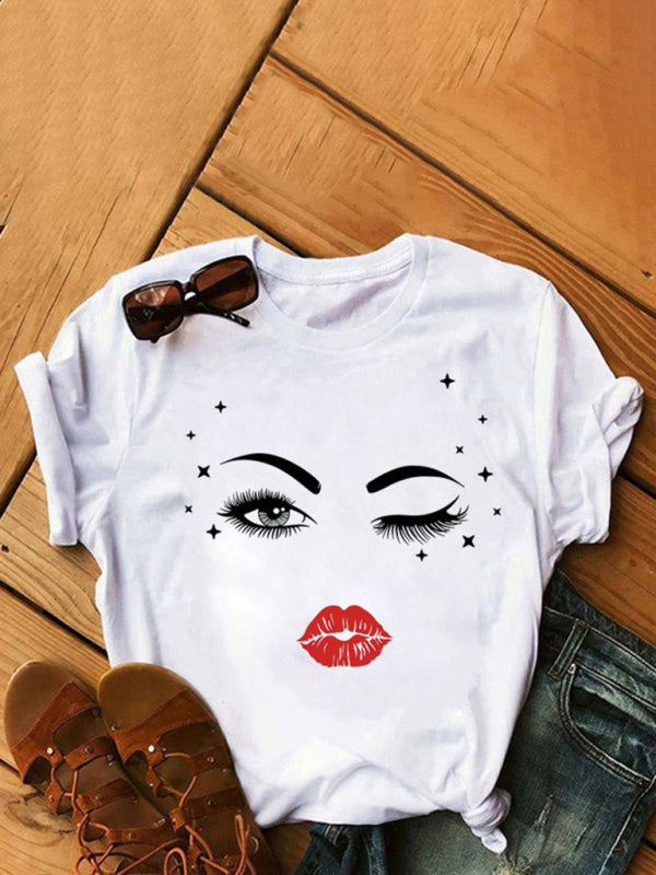 Women's Fashion Casual Lip Print Women's Short Sleeve T-Shirt