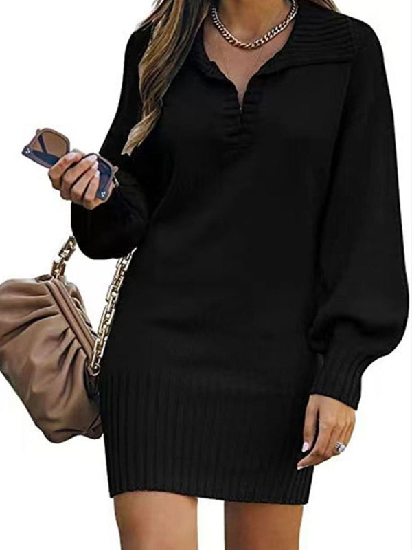 New women's sweater mid-length skirt lapel lantern sleeve pullover loose knitted sweater