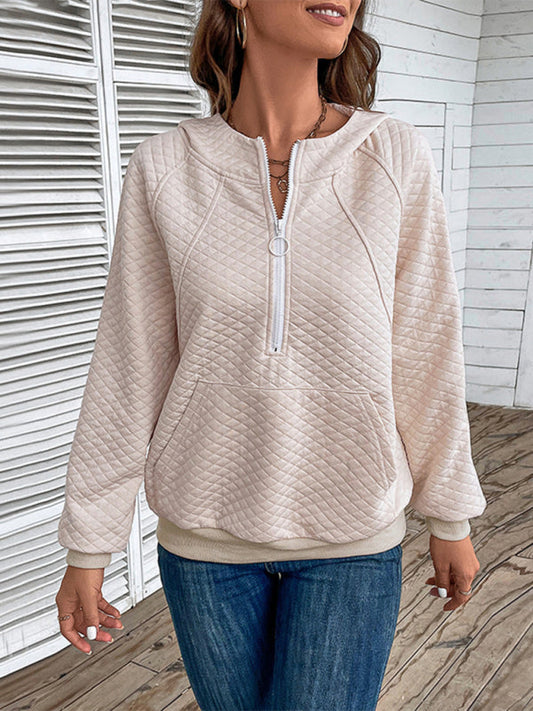 Women's hooded long-sleeved solid color diamond check sweatshirt