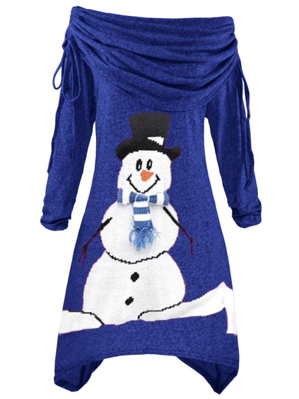 Christmas women's snowman print pleated collar irregular drawstring dress