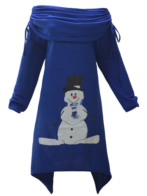 Christmas women's snowman print pleated collar irregular drawstring dress