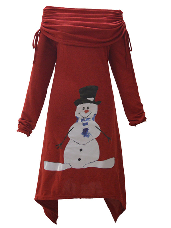 Christmas women's snowman print pleated collar irregular drawstring dress