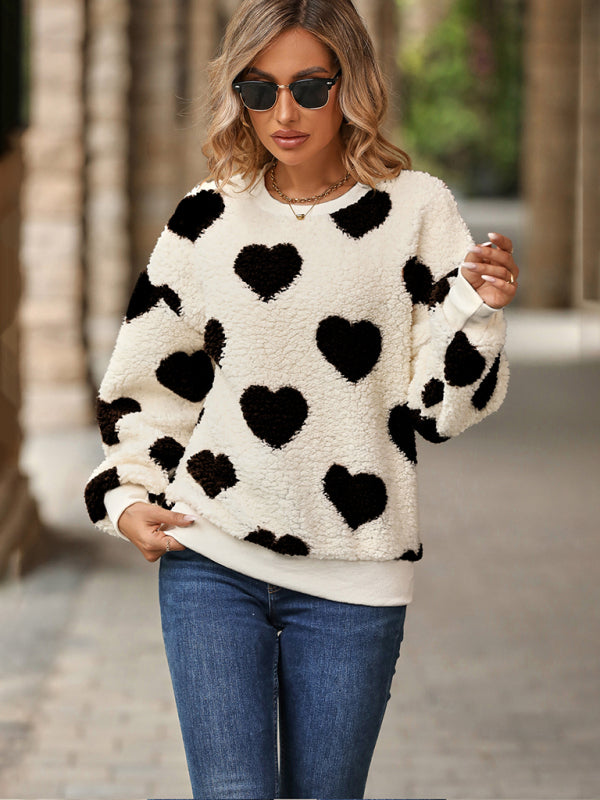 Women's Christmas Valentine's Day Plush Love Print Loose Long Sleeve Round Neck Pullover Sweatshirt