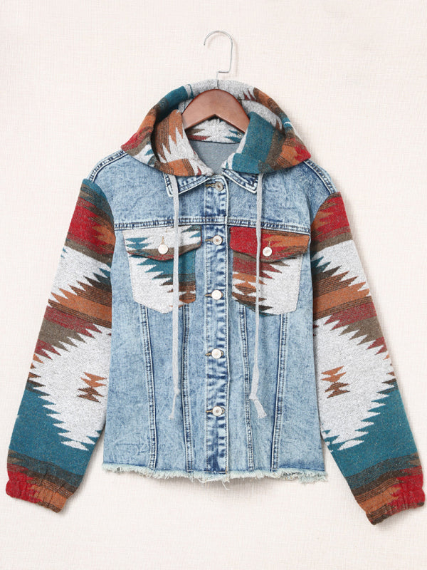 Women's western style denim patchwork hooded jacket