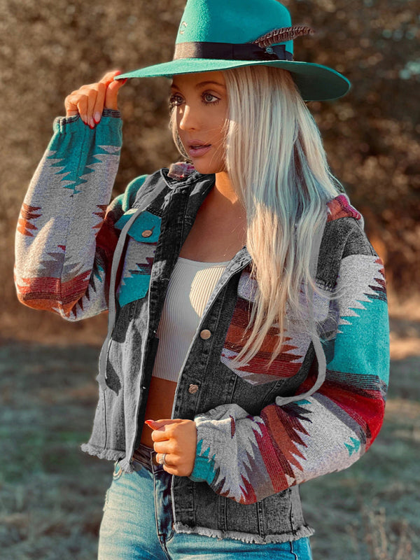 Women's western style denim patchwork hooded jacket