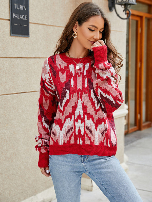 Women's new contrast color jacquard loose long-sleeved sweater