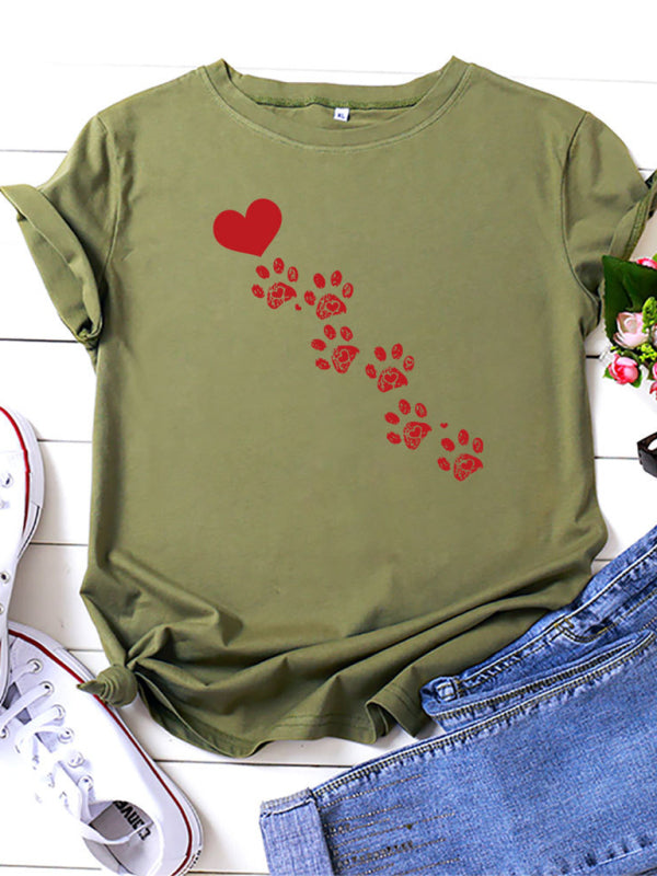 New women's casual love animal footprint casual cotton short-sleeved T-shirt