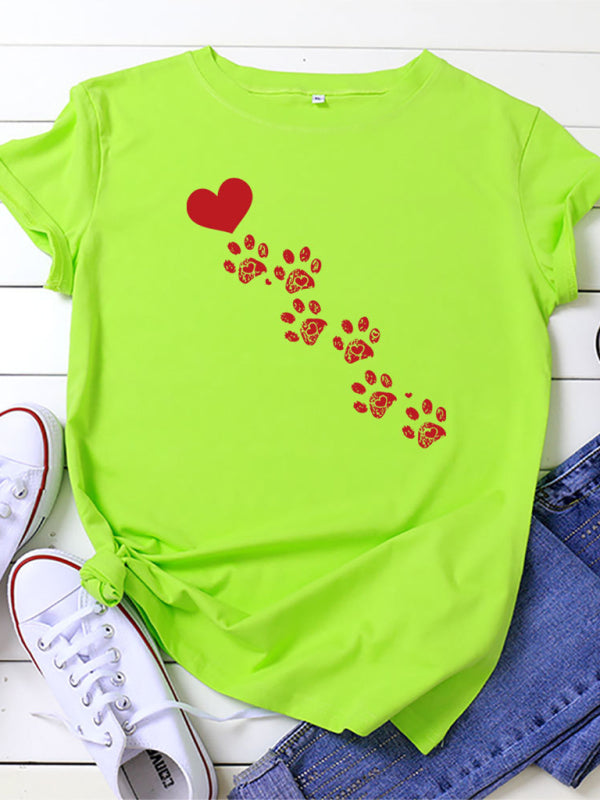 New women's casual love animal footprint casual cotton short-sleeved T-shirt