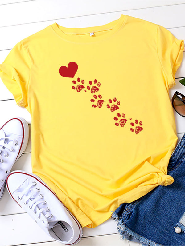 New women's casual love animal footprint casual cotton short-sleeved T-shirt