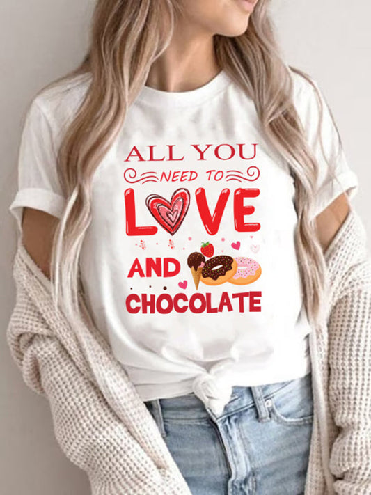 Women's new Valentine's Day printed T-shirt round neck short-sleeved top