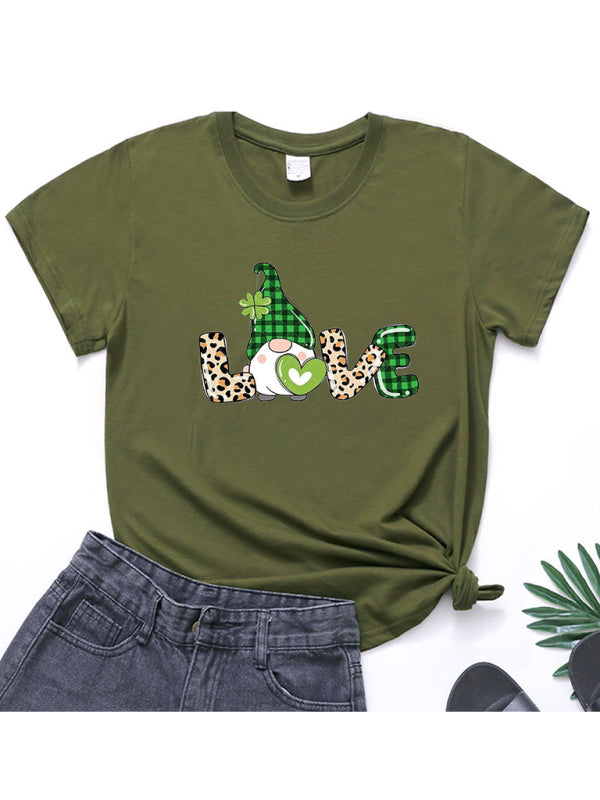 Women's new leopard print love + clover print St. Patrick's Day short-sleeved T-shirt