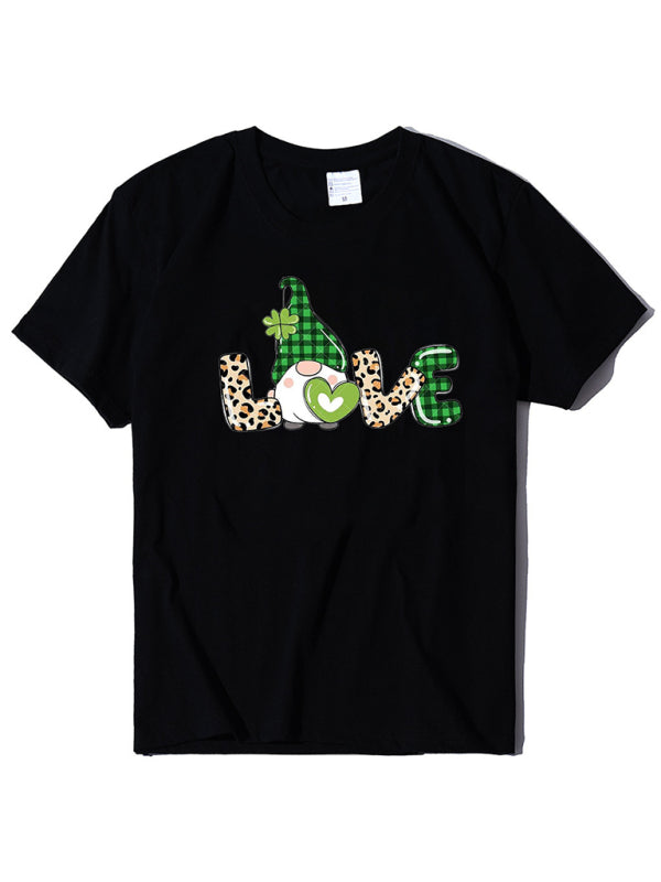 Women's new leopard print love + clover print St. Patrick's Day short-sleeved T-shirt