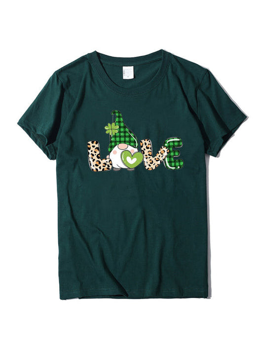 Women's new leopard print love + clover print St. Patrick's Day short-sleeved T-shirt