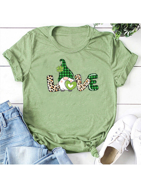 Women's new leopard print love + clover print St. Patrick's Day short-sleeved T-shirt