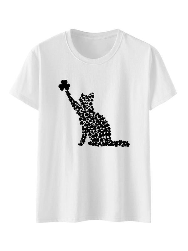 New women's T-shirt cat clover print short-sleeved T-shirt