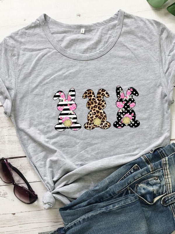 Women's Easter Leopard Print Floral Bunny Color Print T-Shirt