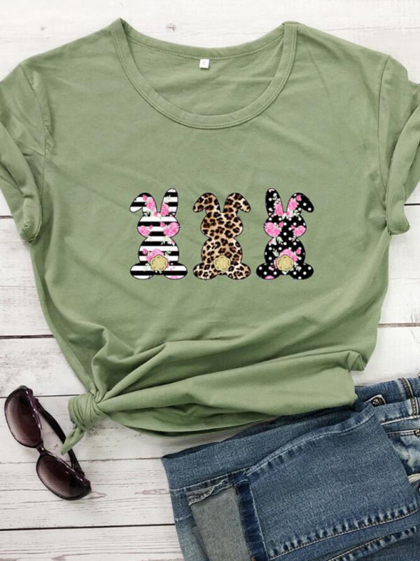 Women's Easter Leopard Print Floral Bunny Color Print T-Shirt