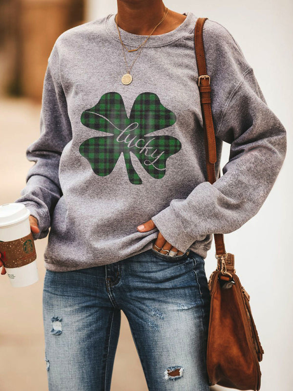 Women's New Lucky Clover Printed Round Neck Sweatshirt